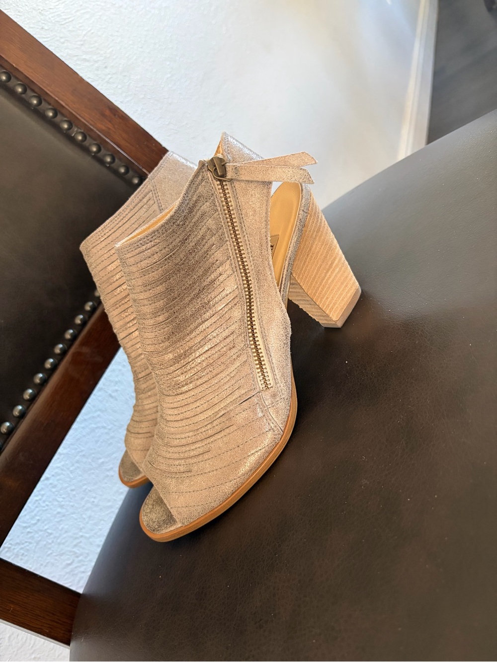 Paul Green Open-Toe Block Heel Booties in Metallic Taupe